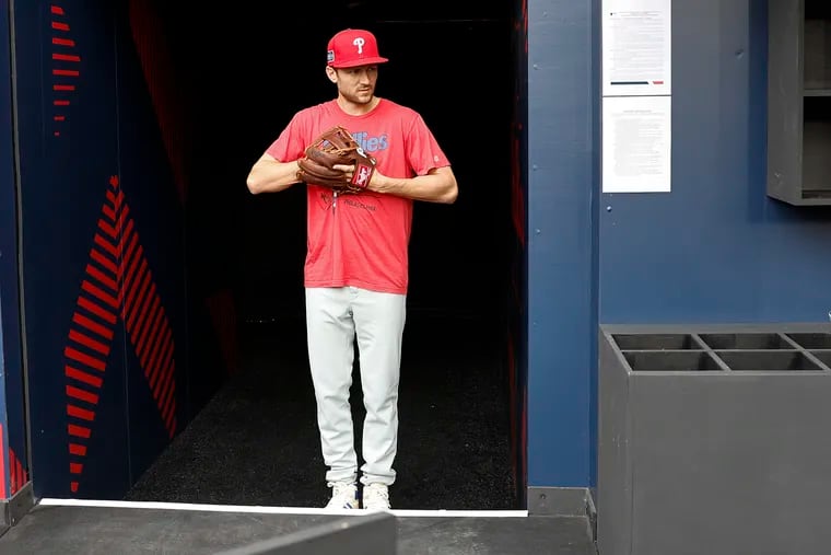 Injured Phillies shortstop Trea Turner prepares for fielding workouts before the London Series game against the New York Mets in London on Saturday, June 8, 2024.