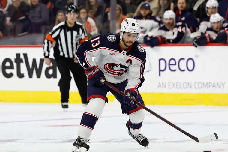 Columbus Blue Jackets left wing Johnny Gaudreau skates with the puck against the Flyers in January. Gaudreau was killed while riding his bike with his brother Matthew in Salem County, N.J. in August. Sean Higgins has been charged in their deaths.