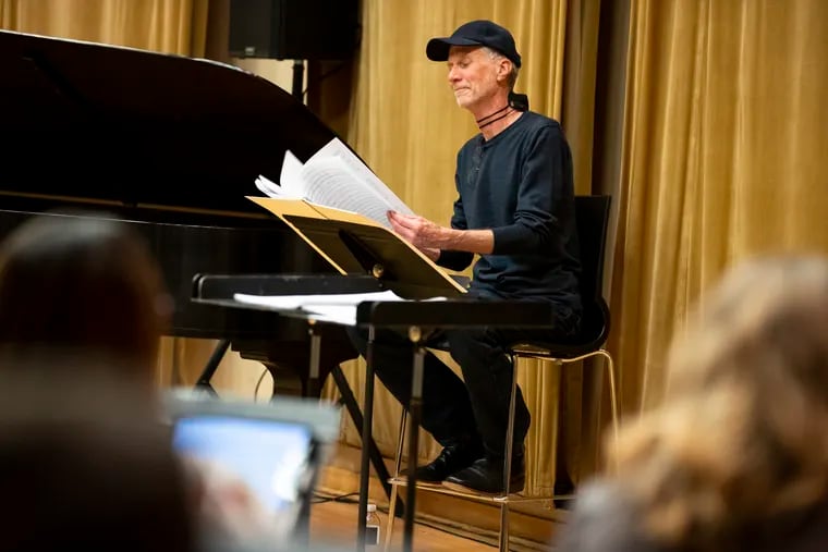 Composer John Luther Adams at a rehearsal Wednesday with the Crossing choir in the Kimmel's Rendell Room.