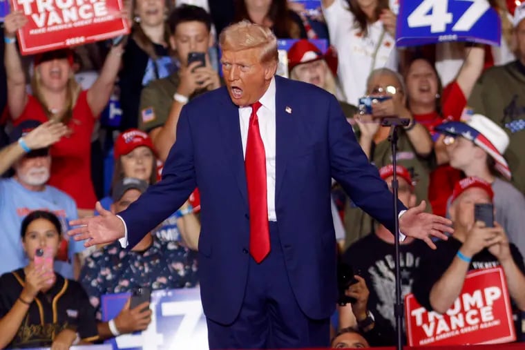 Former President Donald Trump, the GOP nominee for president, arrives to speak at a campaign rally at the Mohegan Sun Arena at Casey Plaza in Wilkes-Barre, Pa., Saturday, Aug. 17, 2024.