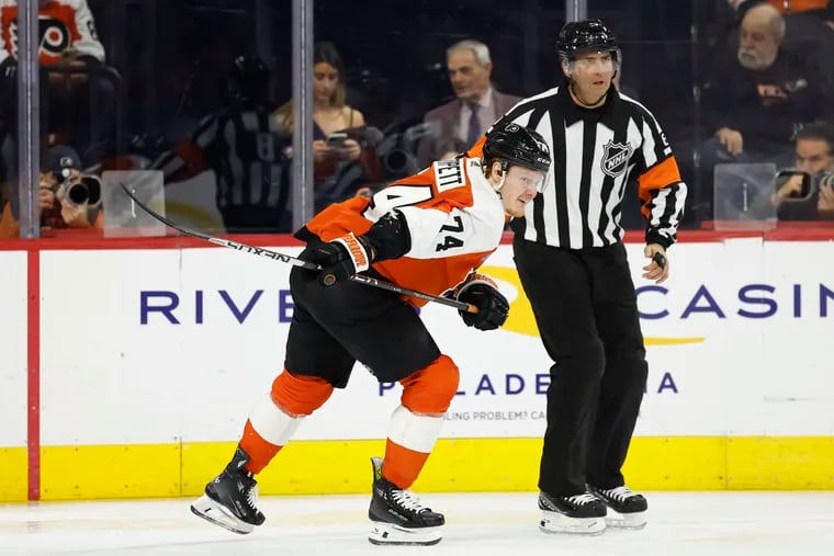 Flyers right wing Owen Tippett skates off the ice after getting injured in the third period against the Colorado Avalanche on  Jan. 20.