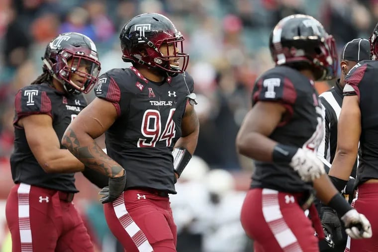 Temple defensive lineman Jullian Taylor (94) had a career-high 4.5 tackles for loss in Saturday’s home loss to Central Florida. Nov 18, 2017. TIM TAI / Staff Photographer