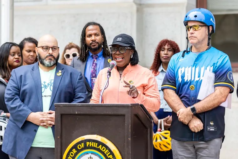 Mayor Cherelle L. Parker speaks at a press conference with officials from the city and the Bicycle Coalition of Greater Philadelphia outside of City Hall.