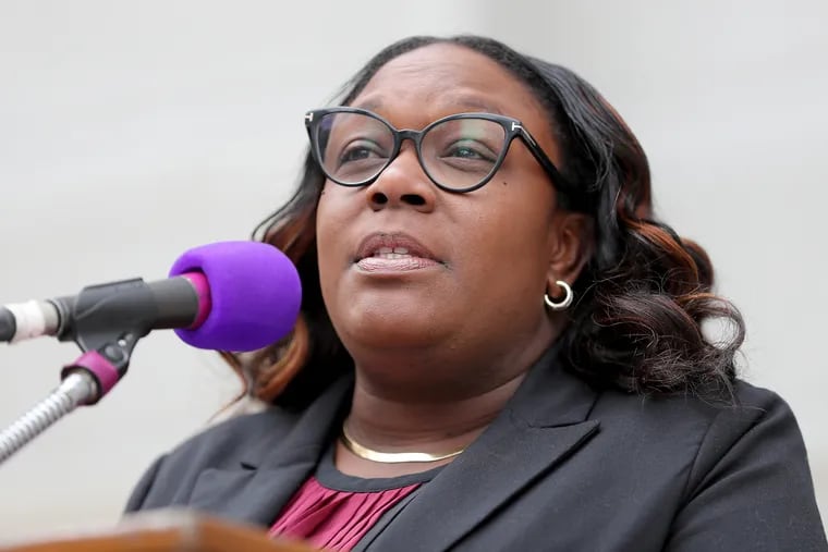 In this 2023 file photo, Philadelphia Councilmember Kendra Brooks speaks during a rally about raising the minimum wage. She is authoring legislation to bolster protections for workers facing retaliation.