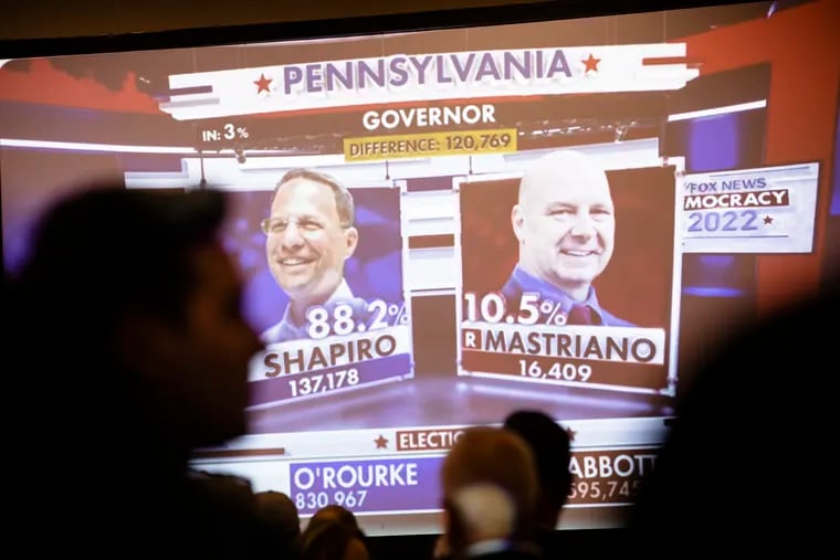 Early results for the governor’s race appeared on screen at Doug Mastriano’s election night watch party in Camp Hill, Pa.