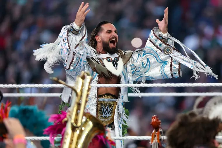 Seth “Freakin’” Rollins hypes up the crowd during the World heavyweight championship match at WrestleMania 40 at Lincoln Financial Field in Philadelphia, Pa. on Sunday, April 7, 2024. Rollins, alongside your favorite RAW superstars, are returning to Philly for WWE Monday Night RAW.