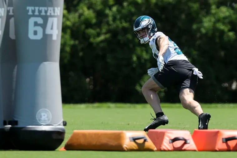 Rookie defensive back Cooper DeJean, shown during a workout in May, had missed all of Eagles training camp while recovering from a hamstring injury.