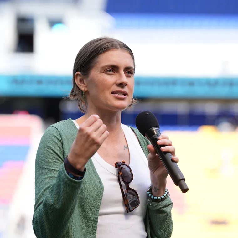 Havertown native Sinead Farrelly speaks to the crowd at a ceremony honoring her retirement at Gotham FC's game against the Houston Dash on Sunday.