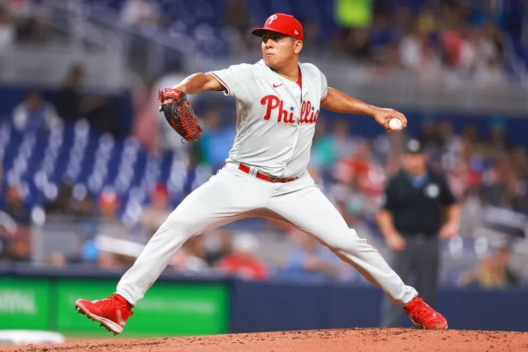 MIAMI, FLORIDA - AUGUST 01: Ranger Suarez #55 of the Philadelphia Phillies pitches against the Miami Marlins during the second inning at loanDepot park on August 01, 2023 in Miami, Florida. (Photo by Megan Briggs/Getty Images)