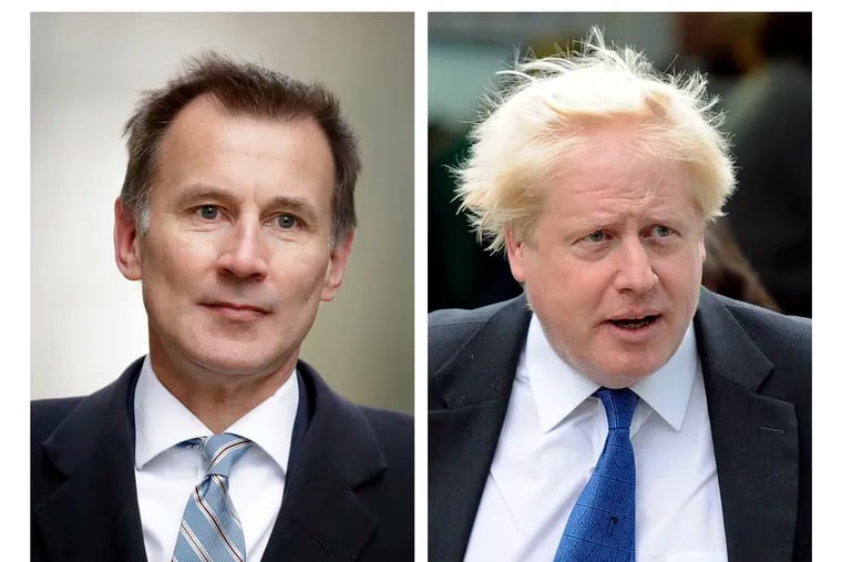 FILE - In this two photo file combo image, Jeremy Hunt, left, and Boris Johnson, right, who are the final two contenders for leadership of the Conservative Party, Thursday June 20, 2019. Following elimination votes Britain's Conservative Party members will vote for the final two contenders with the winner due to replace Prime Minister Theresa May as party leader and prime minister. (AP Photo FILE/Matt Dunham, Frank Augstein)