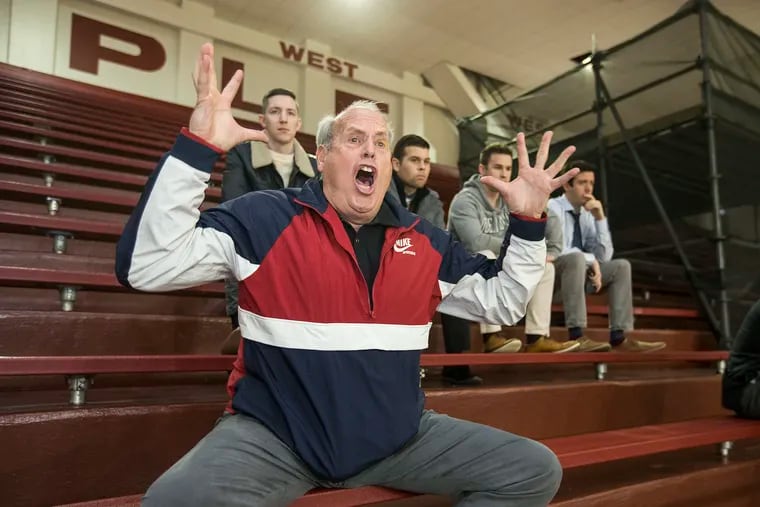 Mike Arizin, a son of late Philly basketball great "Pitchin' Paul" Arizin, channels his dad's passion during games at St. Joe's Prep, where his own son and nephew play hoops.