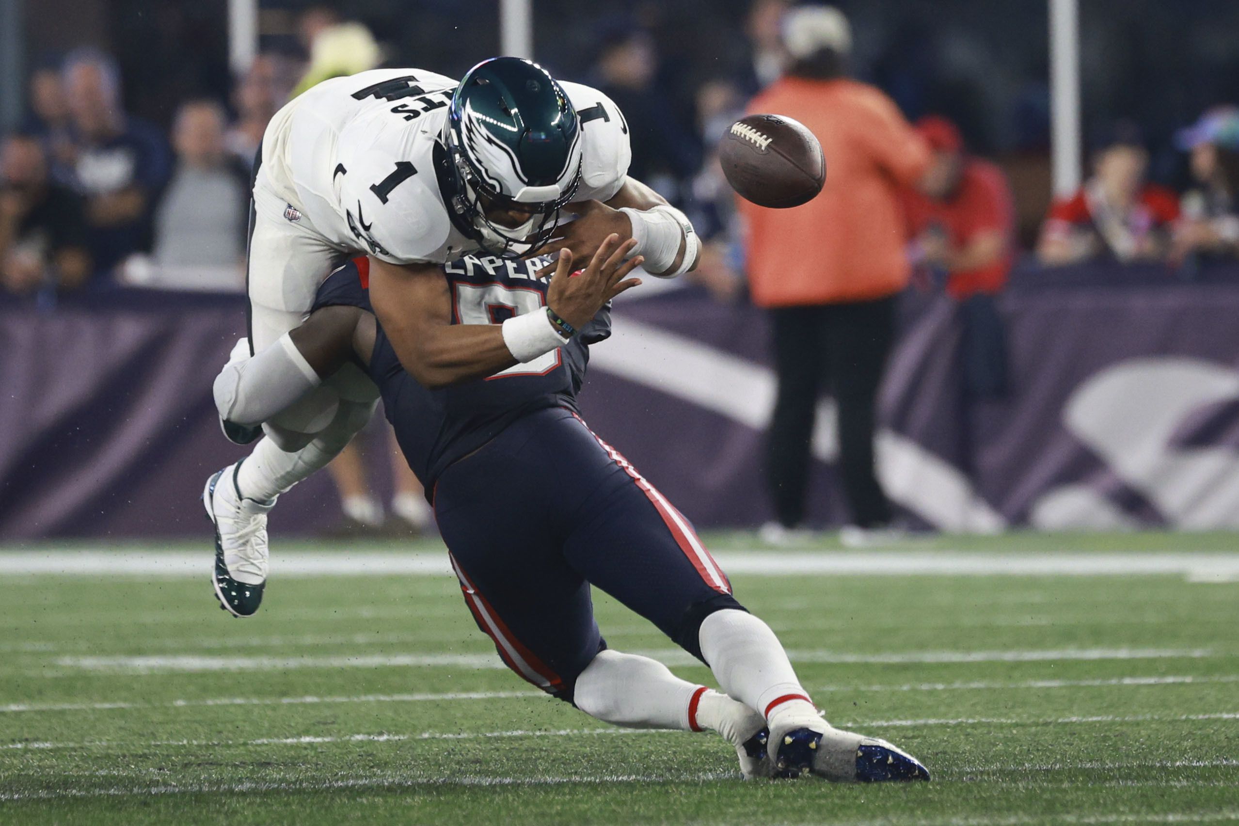 Philadelphia Eagles running back Kenneth Gainwell (14) walks off the field  after an NFL football game against the New York Giants, Sunday, Nov. 28,  2021, in East Rutherford, N.J. (AP Photo/Adam Hunger