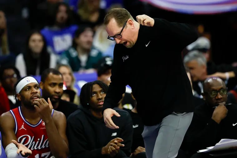 Sixers head coach Nick Nurse reacts talking to his players on the bench during the second quarter against the New Orleans Pelicans on Friday, March 8, 2024 in Philadelphia.