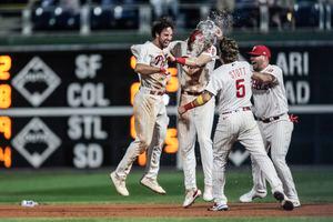 B/R Walk-Off on X: Seranthony Domínguez with the 'Night, Night' celly  after clinching the Phillies spot in the NLCS 😴  /  X