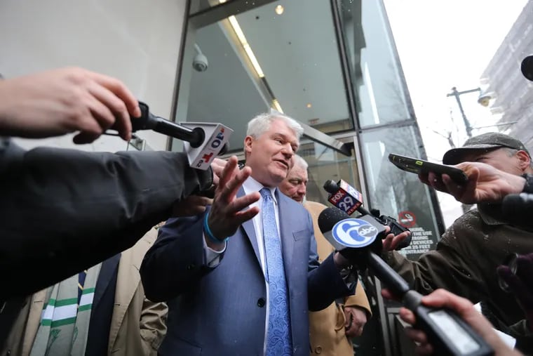 John "Johnny Doc" Dougherty speaks to reporters outside U.S. District Court in Philadelphia on Friday, Feb. 1, 2019, after pleading not guilty to federal charges of embezzlement and conspiracy.