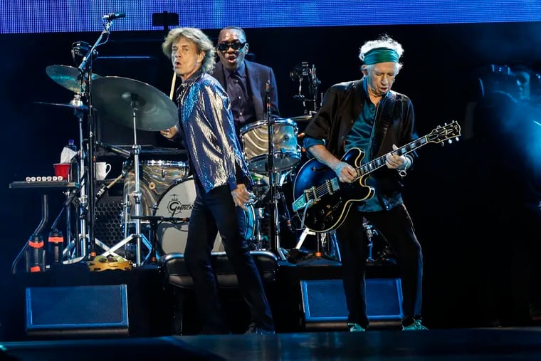 Mick Jagger (left), Keith Richards on guitar, and Steve Jordan on drums for the Rolling Stones' "Hackney Diamonds" tour stop at Lincoln Financial Field on Tuesday, June 11, 2024.