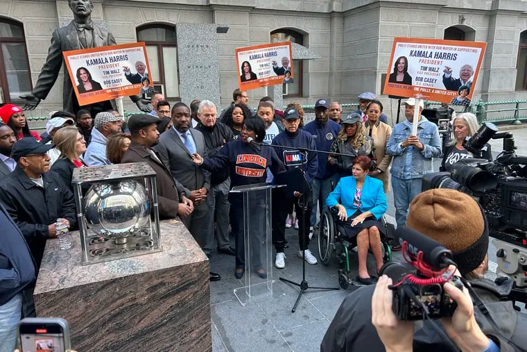 Mayor Cherelle L. Parker leads a news conference outside City Hall with numerous Philadelphia elected officials on Saturday to get out the vote for Vice President Kamala Harris' presidential campaign.