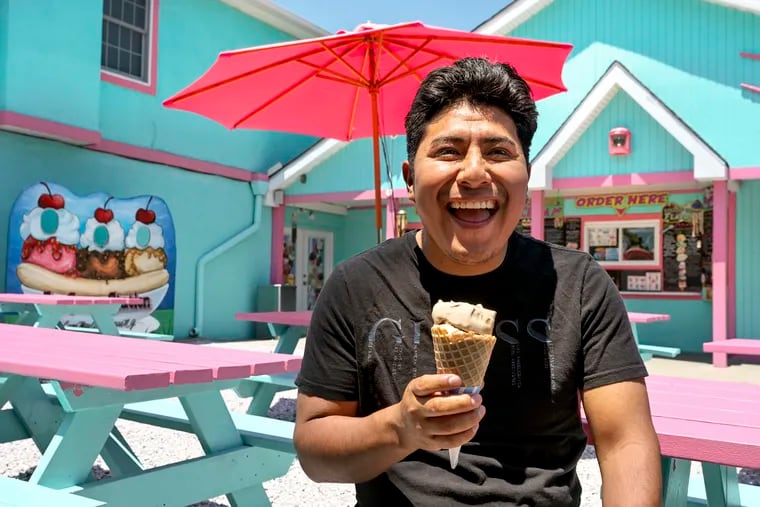 Hugo Riano from Stone Harbor has a coffee ice Crean cone at the Ice Cream Station, on Rt. 9 in Cape May Court House, N.J. Tuesday, June 18, 2024. He was there with his daughters, Alexa, 4, and Karen,14, who both had Cookie Monster ice cream in a bowl. The Patel family recently took over this classic Shore custard stand and have added a series of homemade Indian flavors.