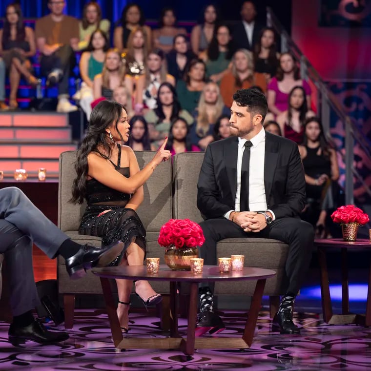 A live studio audience watches along as Jesse Palmer sits down with Jenn Tran and  her final rose selection, Devin Strader, who she proposed to. Tran revealed that Strader broke up with her shortly after filming wrapped.