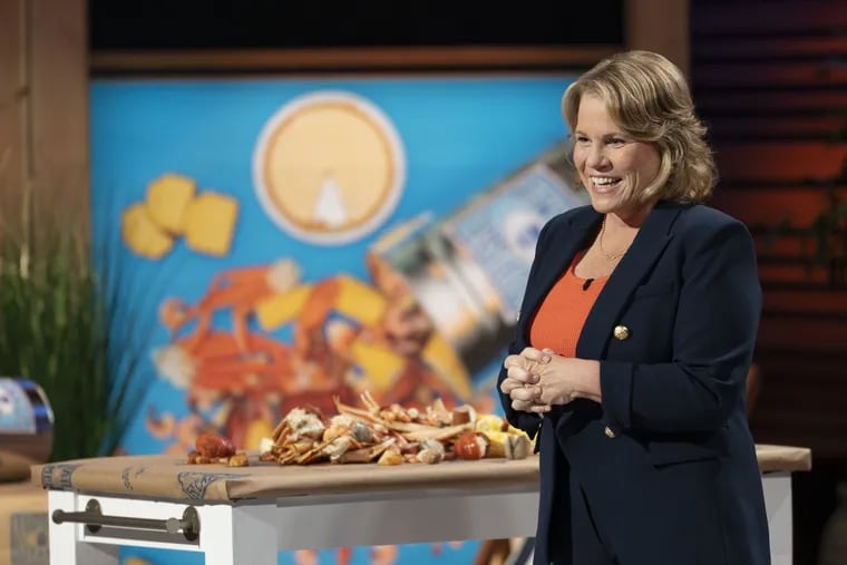 Danielle Mahon, originally from South Jersey, pitching her company, Topsail Steamer, on ABC's Shark Tank in an episode scheduled to air Oct. 25, 2024. The company has four locations at the Jersey Shore. The company makes seafood steam pots in a single-use pot for customers to take home and steam themselves.