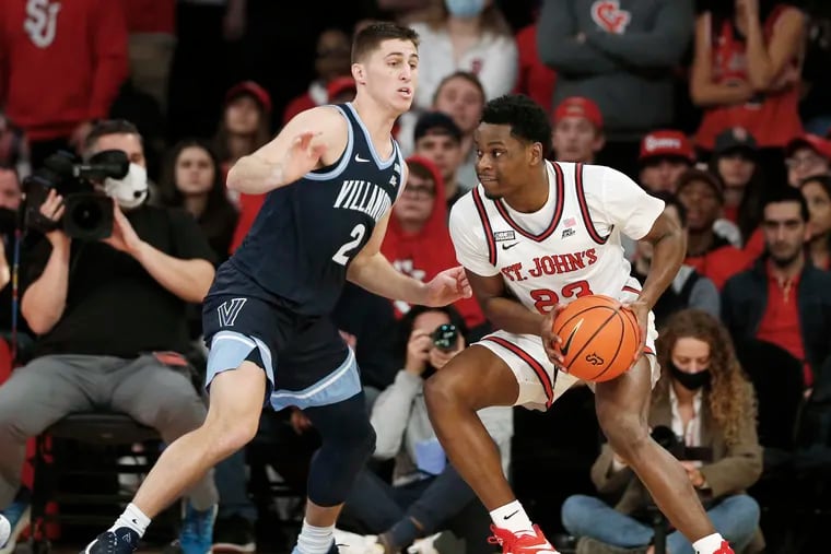 Villanova guard Collin Gillespie defends St. John's guard Montez Mathis.