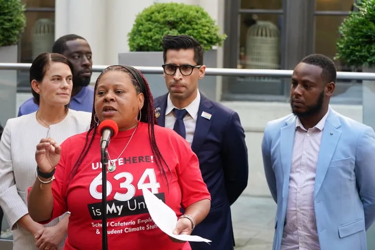 Nicole Hunt, president of Unite Here Local 634, speaks at a Wednesday news conference about the local's 1,900 Philadelphia cafeteria workers and climate staff, who on Saturday authorized a strike. Their contract with the Philadelphia School District expires Sept. 30.
