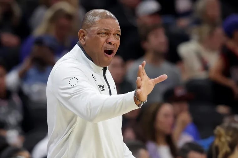 Coach Doc Rivers of the Sixers questions a call during the first half of their preseason game against the Hornets at the Wells Fargo Center on Oct. 12, 2022.