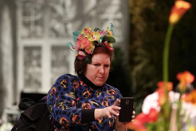 No unwelcomed guests soiled this year's Flower Show. Elizabeth Plepis shows there's no harm in taking a floral-crown selfie. (DAVID MAIALETTI / STAFF PHOTOGRAPHER)