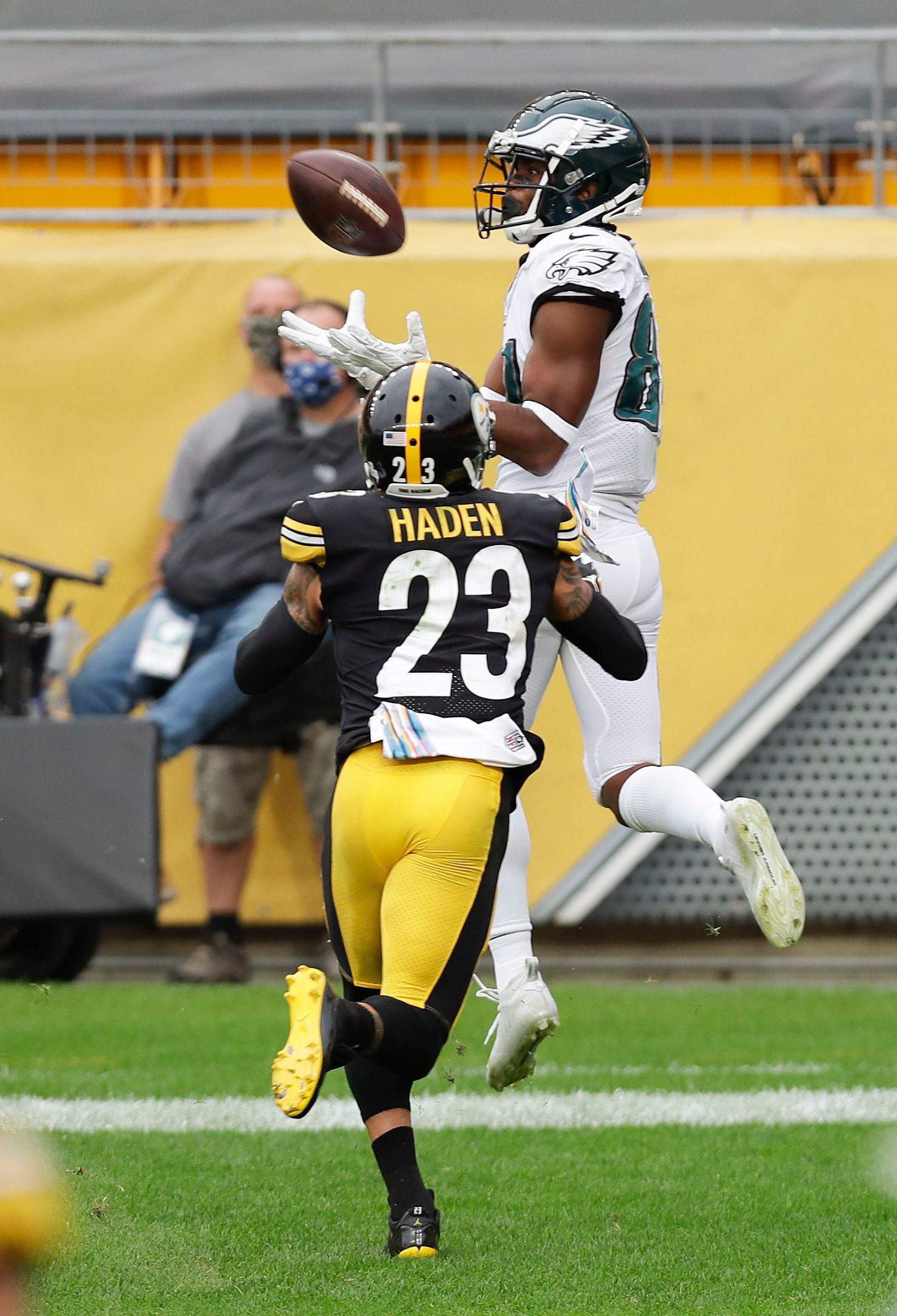 Philadelphia Eagles wide receiver Travis Fulgham (13) reacts after a 4-yard  touchdown reception during an NFL football game against the Pittsburgh  Steelers, Sunday, Oct. 11, 2020, in Pittsburgh. (AP Photo/Justin Berl Stock