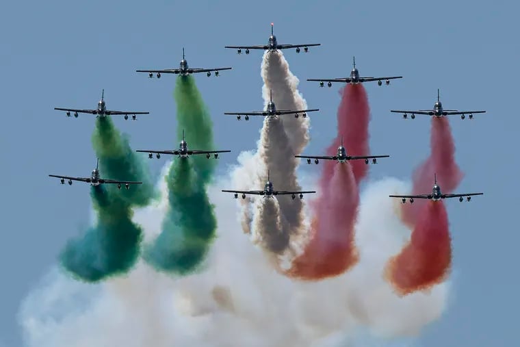 The Italian Air Force Frecce Tricolori performs a flyover the Philadelphia Museum of Art on Monday. The team is headlining the Air Dot Show in Ocean City, Md., on Aug. 24-25.