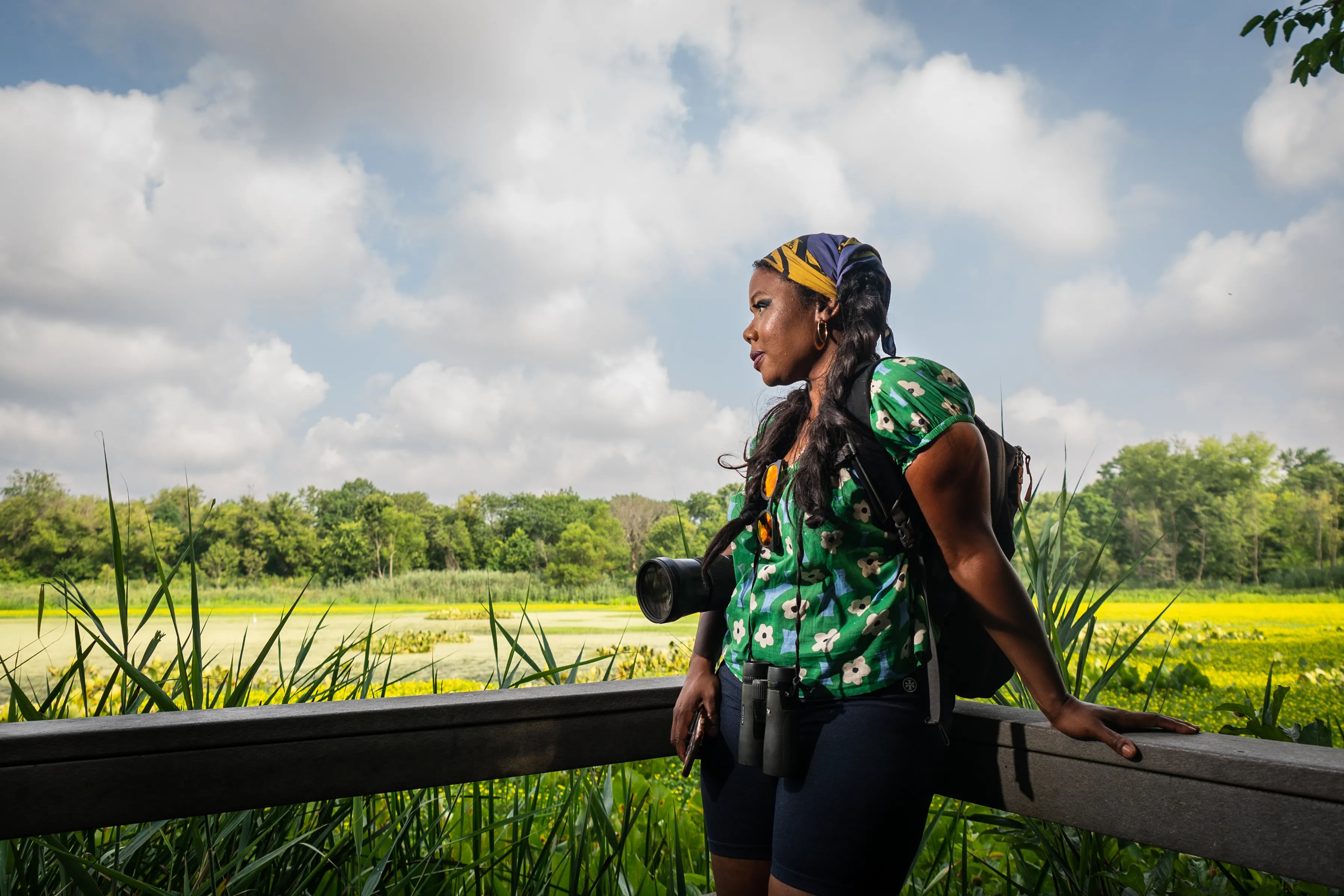 When Christy Hyman's son passed away, she turned to birding to find solace. She is shown here birding at John Heinz National Wildlife Refuge on July 20, 2023. 