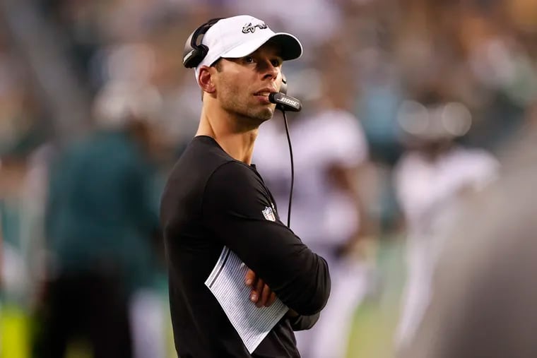 Eagles defensive coordinator Jonathan Gannon on the sideline Thursday in the game against the Pittsburgh Steelers.