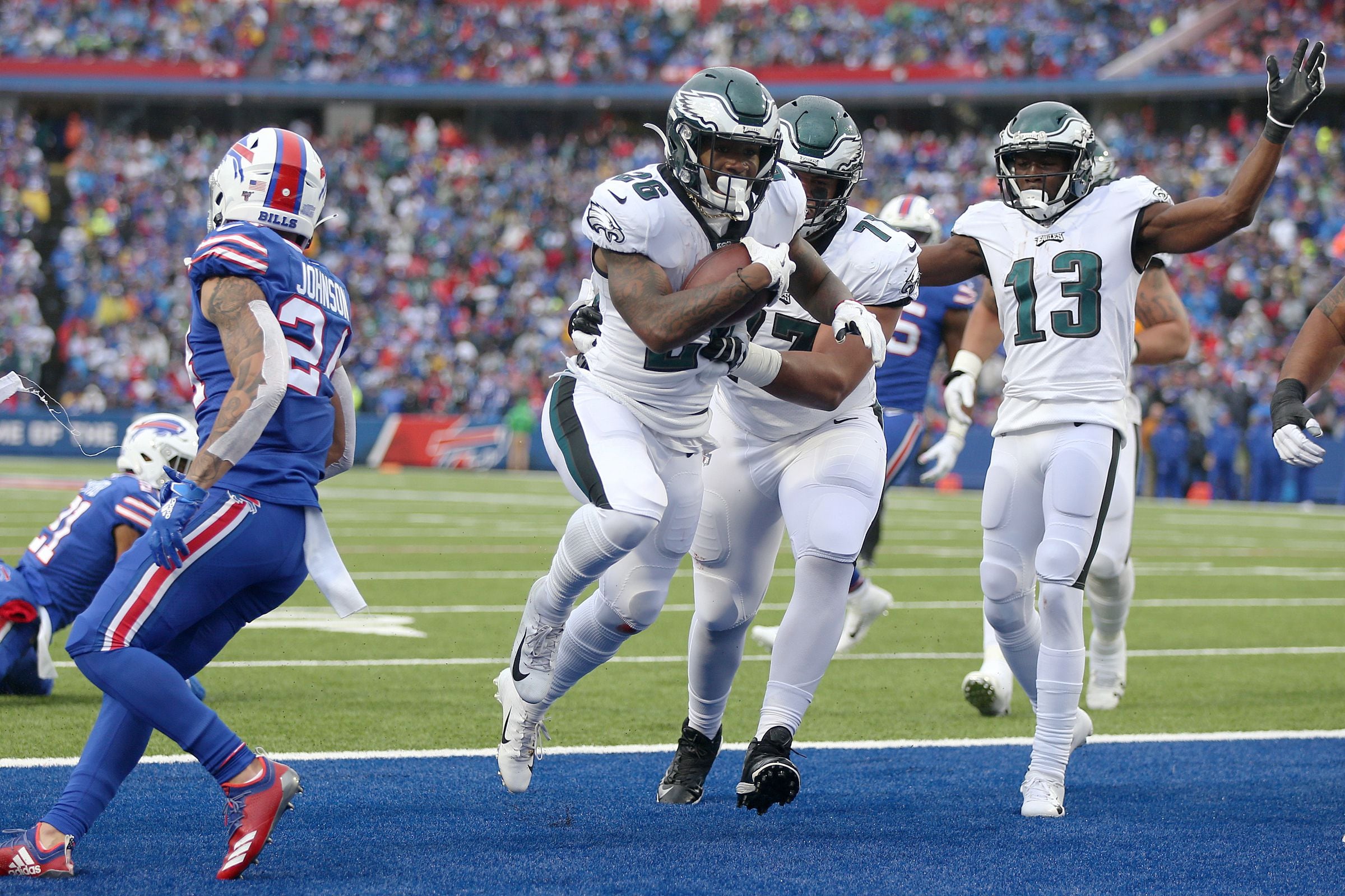 Philadelphia Eagles' Ronald Darby, left, blocks a pass intended for Buffalo  Bills' John Brown d …