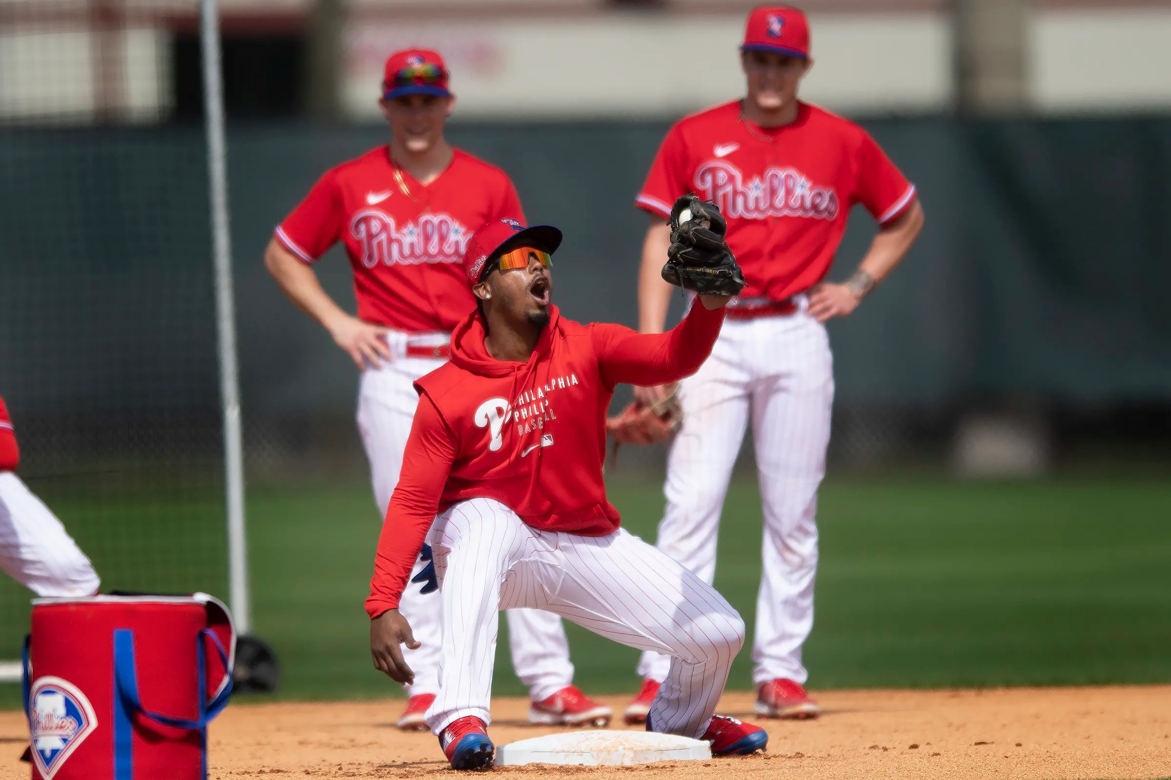 CLEARWATER, FL - FEBRUARY 21: Philadelphia Phillies outfielder Jhailyn  Ortiz (89) runs the bases during the spring training workout at Carpenter  Complex on February 21, 2023 in Clearwater, Florida. (Photo by Cliff