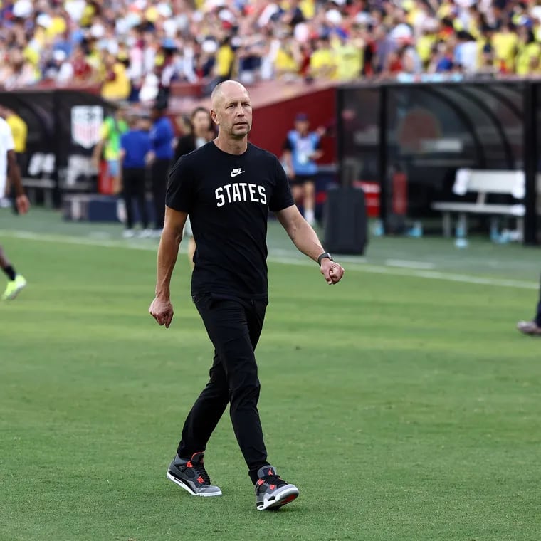 U.S. men's soccer team manager Gregg Berhalter walks off the field after presiding over Saturday's 5-1 loss to Colombia, the program's worst defeat in eight years.
