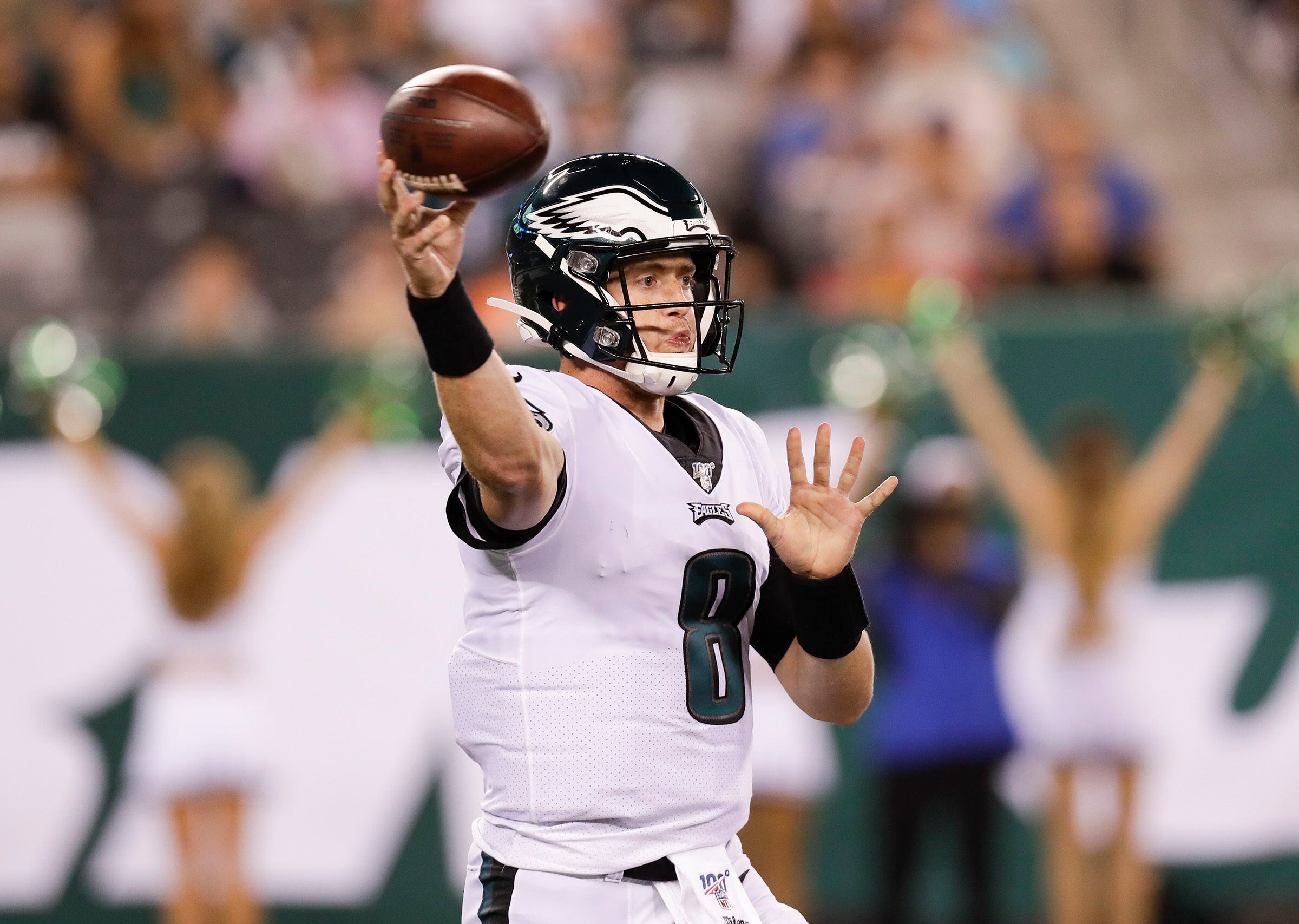 Philadelphia Eagles quarterback Clayton Thorson (8) throws a pass during  the first half of a preseason NFL football game against the New York Jets  Thursday, Aug. 29, 2019, in East Rutherford, N.J. (