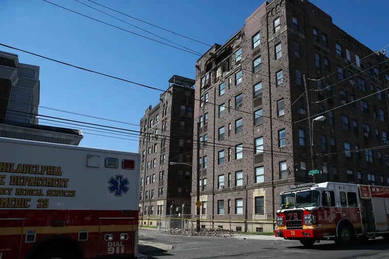 Pieces fell from the facade of a building in Lindley Towers apartments in North Philadelphia on Sept. 14, 2022. The Pennsylvania Attorney General's Office filed a lawsuit against the property management company that operates Lindley Towers and Cresheim Valley Apartments in West Moung Airy.