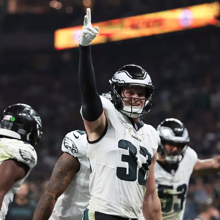 Eagles safety Reed Blankenship celebrates his third-quarter interception against the Green Bay Packers in Brazil.