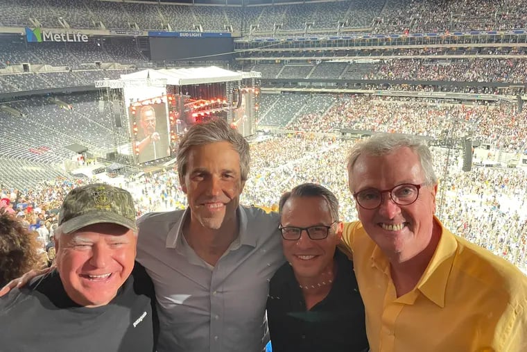 From left: Minnesota Gov. and Vice President Kamala Harris' running mate Tim Walz, former Texas congressman Beto O'Rourke, Pennsylvania Gov. Josh Shapiro, and New Jersey Gov. Phil Murphy at a Bruce Springsteen concert at MetLife Stadium in 2023.