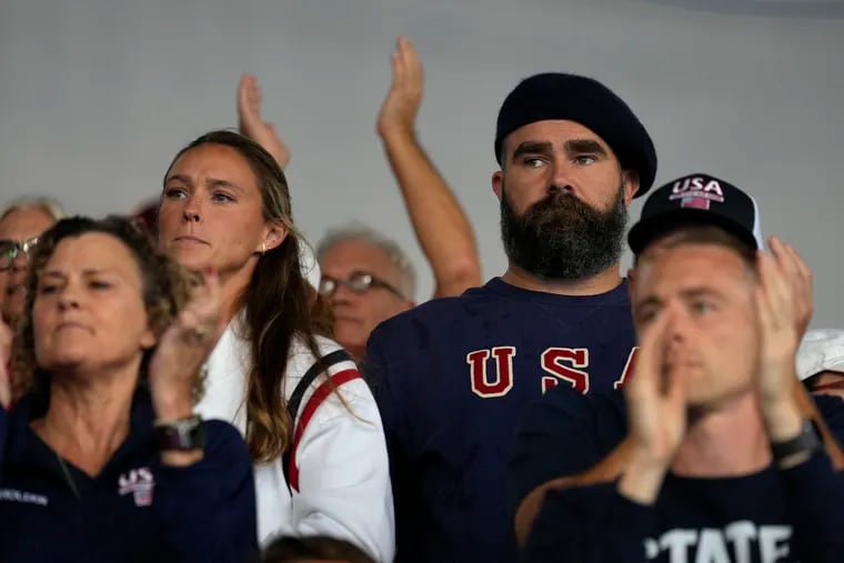 Jason and Kylie Kelce watch the women's field hockey match between Argentina and United States at the 2024 Summer Olympics.