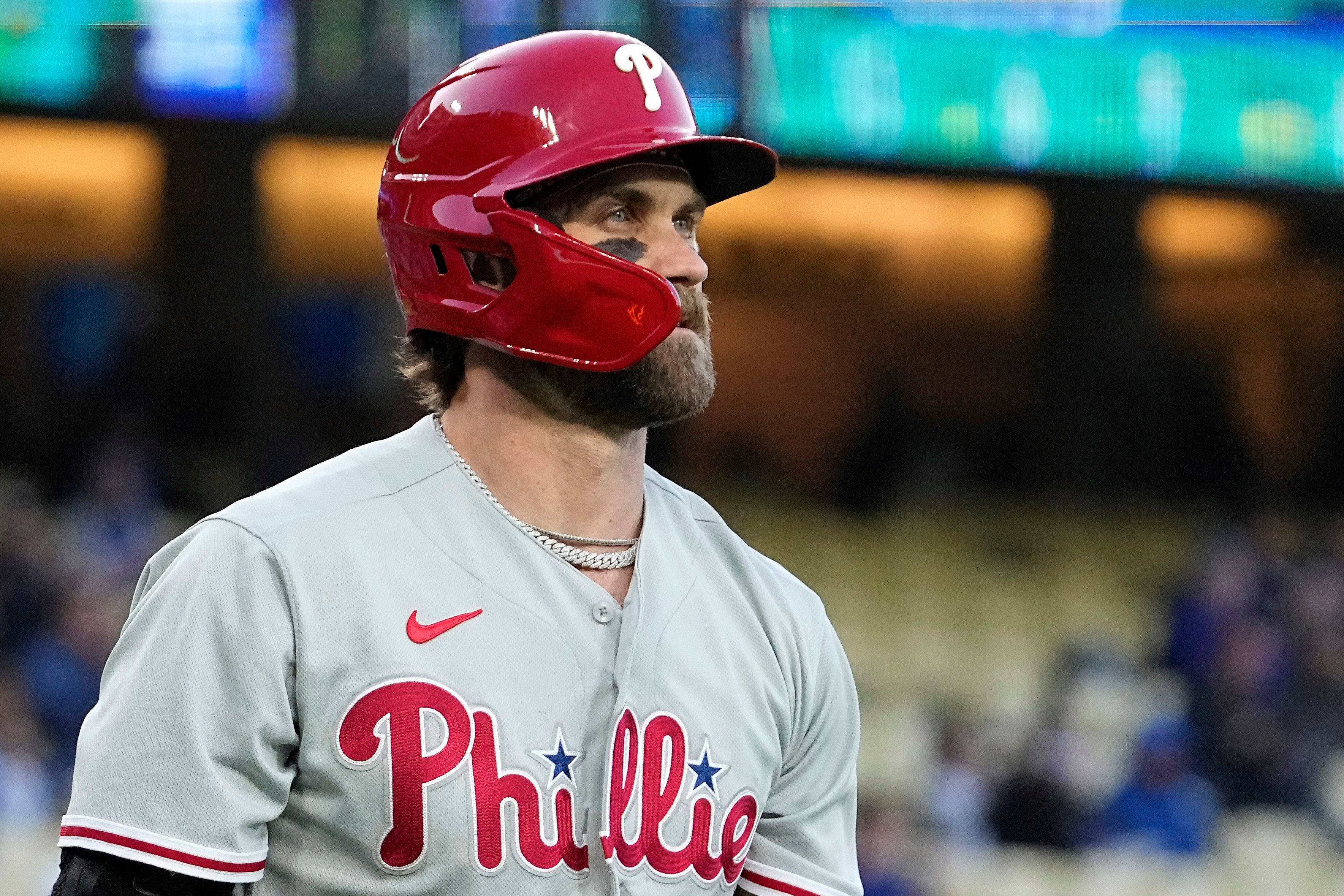 June 14, 2021: Philadelphia Phillies right fielder Bryce Harper (3) bats  for the Phillies during the game between the Philadelphia Phillies and the  Los Angeles Dodgers at Dodger Stadium in Los Angeles