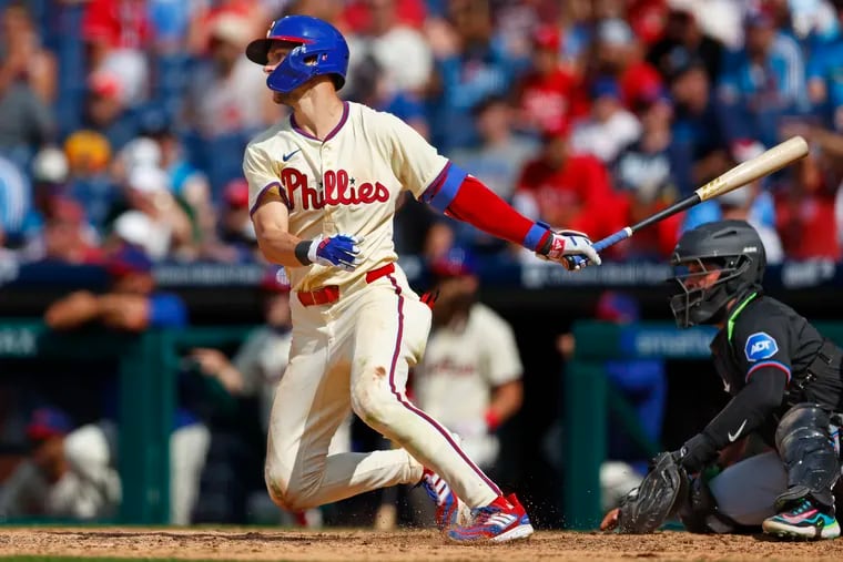 Trea Turner #7 of the Philadelphia Phillies hits a two-run double against the Miami Marlins during the seventh inning of a game at Citizens Bank Park on June 30, 2024 in Philadelphia, Pennsylvania. (Photo by Rich Schultz/Getty Images)