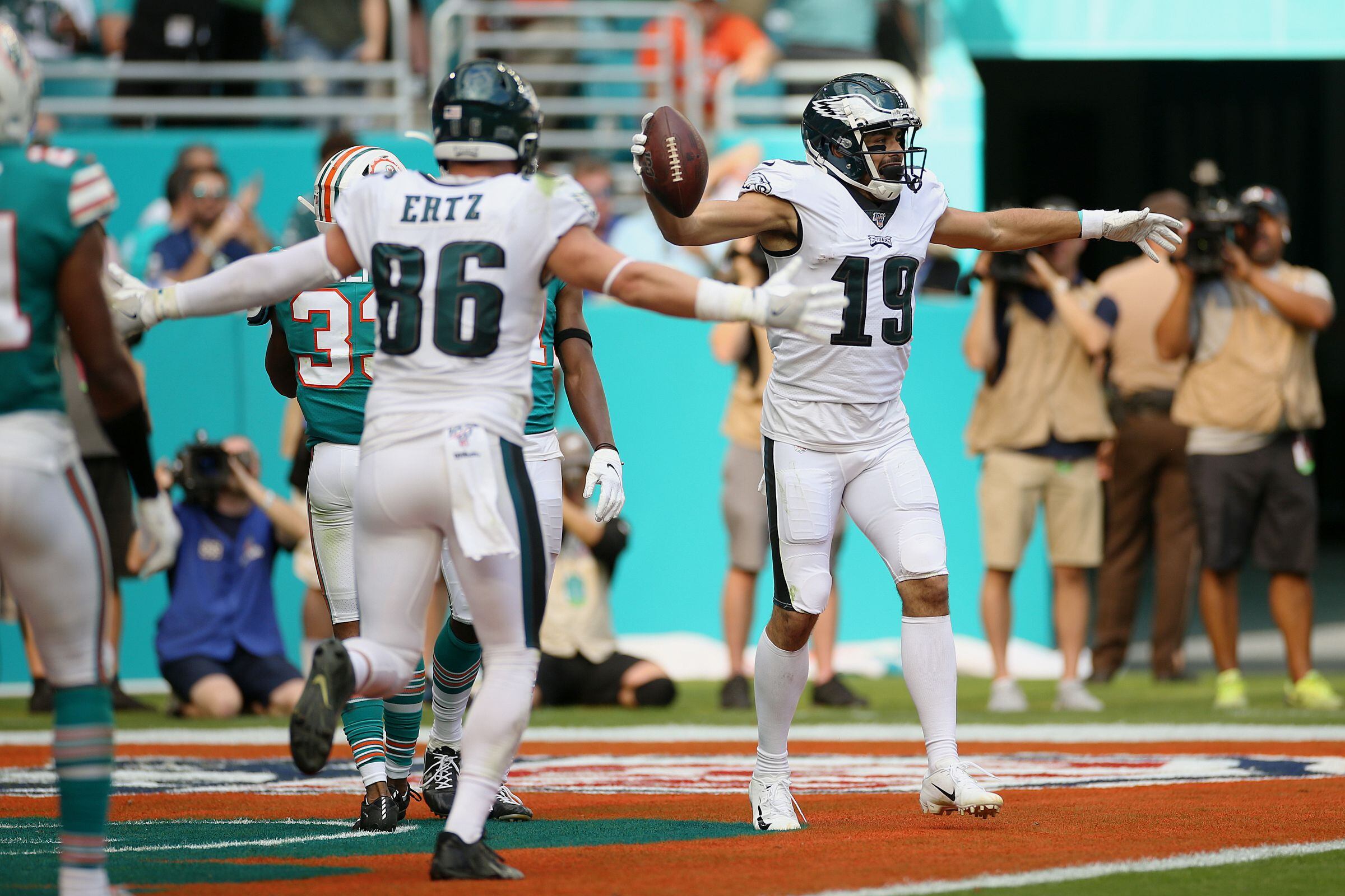 Miami Gardens, Florida, USA. 1st Dec, 2019. Miami Dolphins quarterback Ryan  Fitzpatrick (14) during an NFL football game against the Philadelphia  Eagles at the Hard Rock Stadium in Miami Gardens, Florida. The