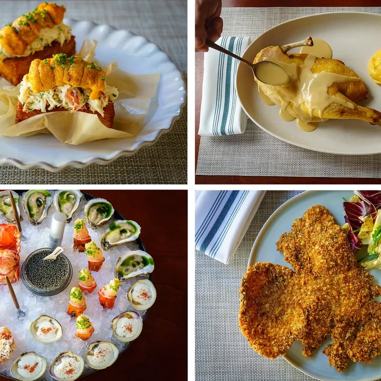 Some of the menu at Little Water (clockwise from top left): peekytoe crab hash brown; Lancaster County chicken brined with shio koji; swordfish Milanese with a potato chip crust; and the grande plateau, a collection of raw and chilled seafood, including Sweet Amalia oysters, Jersey dug clams, royal red shrimp cocktail, scarlet crab claws, chilled lobster, and vineyard bay scallops.