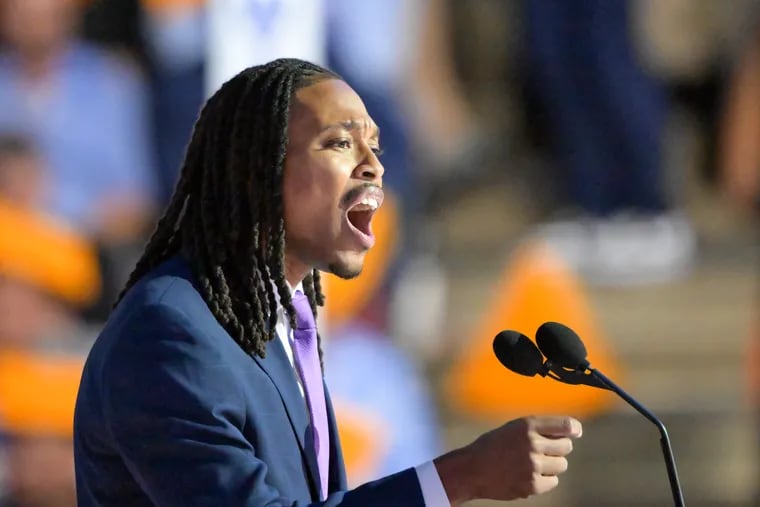 Philadelphia State Rep. Malcolm Kenyatta speaks at the Democratic National Convention in Chicago on Tuesday, Aug. 20, 2024.