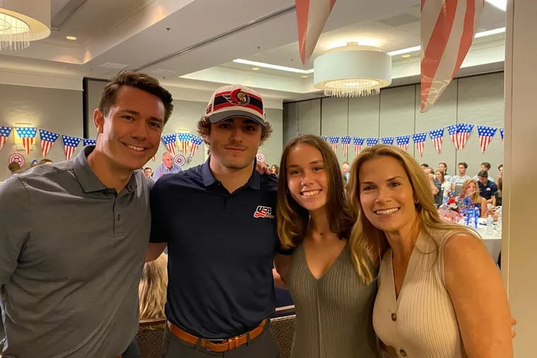 Right winger Tyler Boucher (second from left) celebrates with his family after being selected by Ottawa in Friday's first round. His dad, Brian, is at left, along with his sister, Brianna (second from right), and his mom, Melissa. The family resides in Haddonfield.