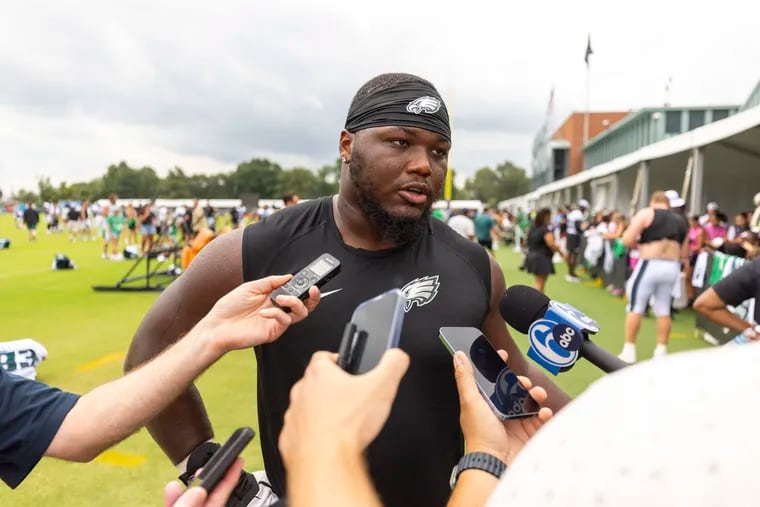 Eagles defensive tackle Milton Williams speaks to media members after practice at the NovaCare Complex on Tuesday.