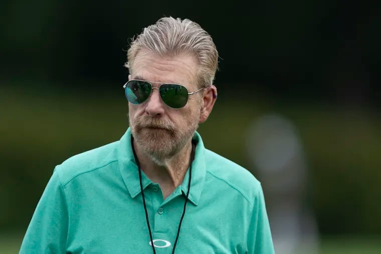 Howard Eskin walks around during the first day of Eagles Training Camp at the Novacare Complex in South Philadelphia on Wednesday.