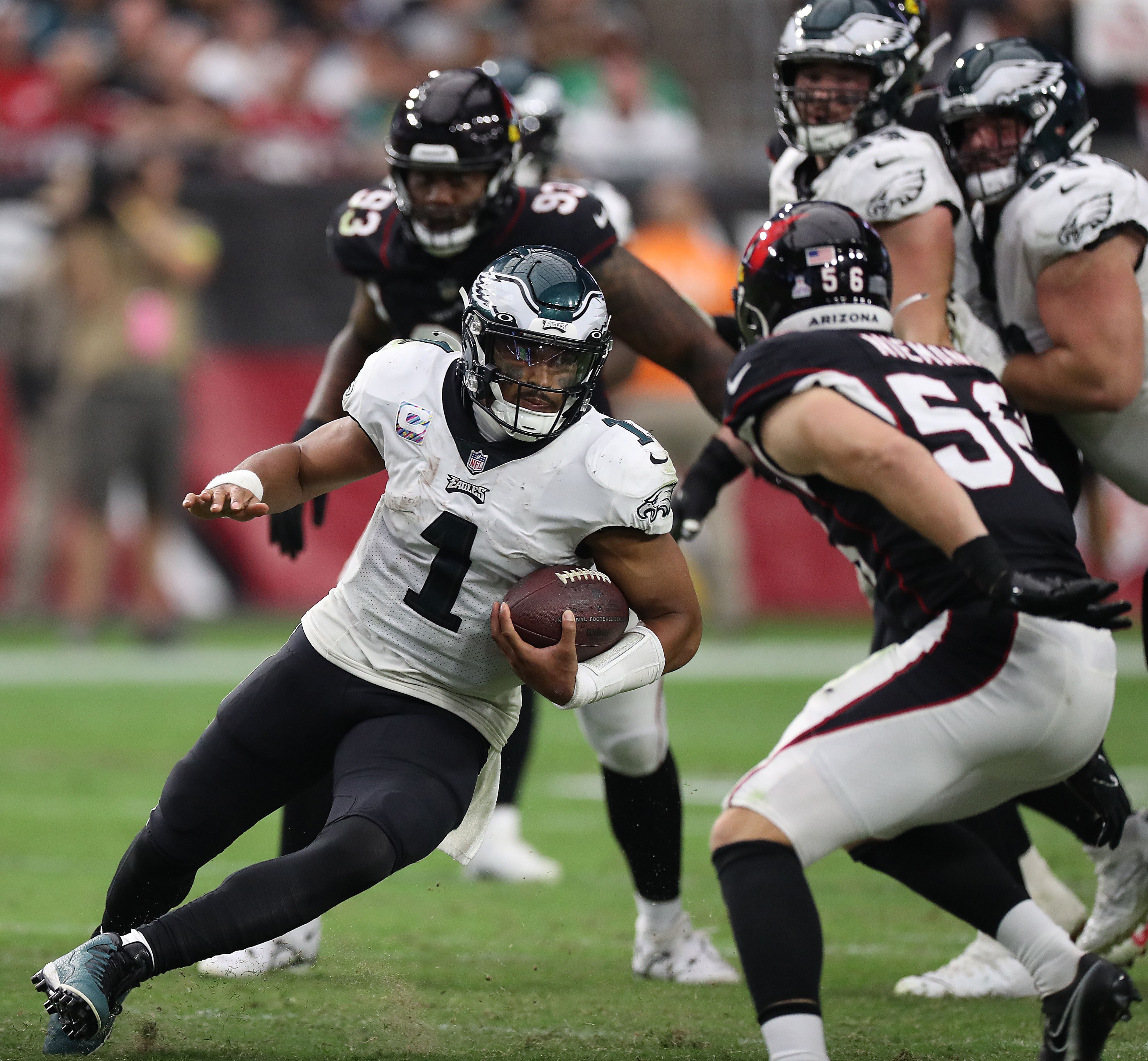 An Philadelphia Eagles fans cheers during the second half an NFL football  game between the Philadelphia Eagles and the Arizona Cardinals, Sunday, Oct.  9, 2022, in Glendale, Ariz. (AP Photo/Ross D. Franklin