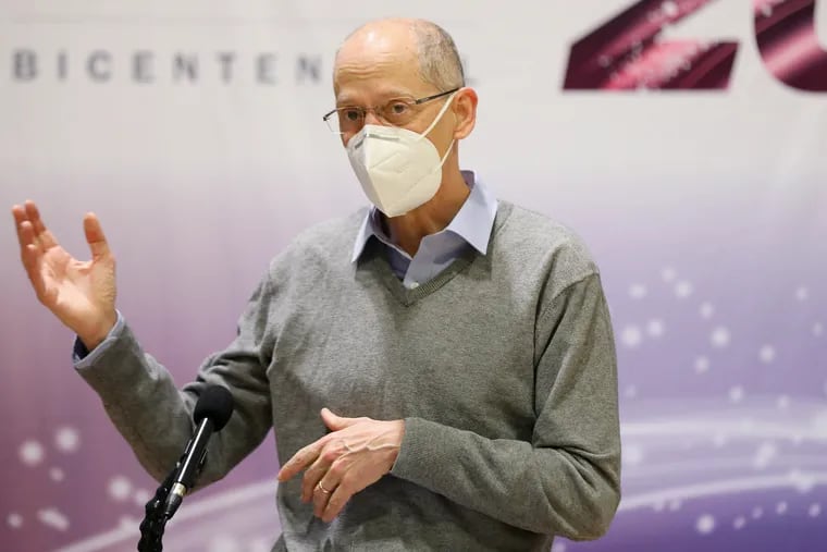 Philadelphia Health Commissioner Dr. Thomas Farley speaks during a news conference to open a community COVID-19 vaccination clinic run by the Philadelphia Department of Public Health at University of the Sciences' Bobby Morgan Arena in West Philadelphia on Saturday, Feb. 27, 2021.